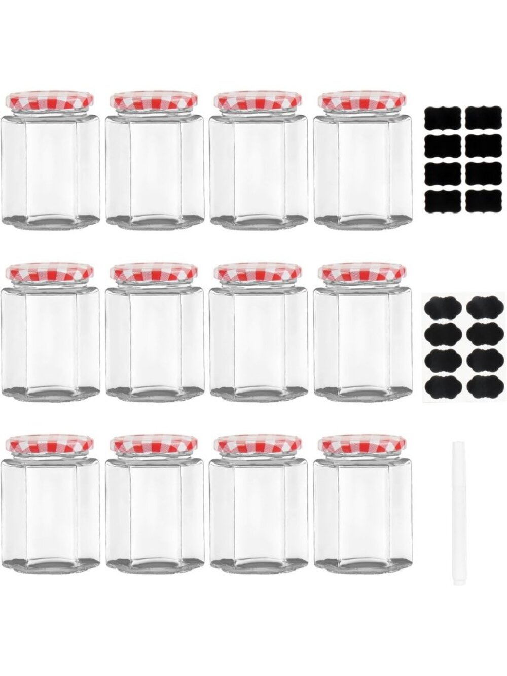 Airtight Hexagonal Glass Jars with Red Gingham Lids - 12 Pack for Pickling